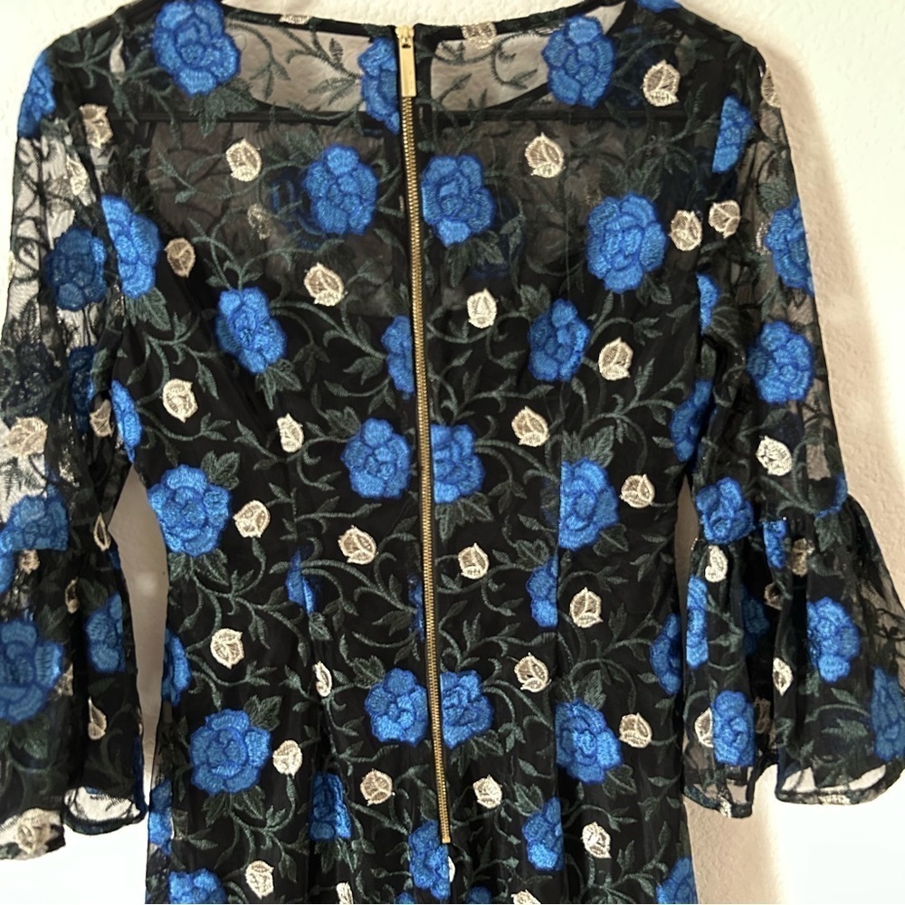 Calvin Klein Blue Ruffled Tiered Fit Bell Sleeve Formal, Cocktail Feminine Dress - Picture 6 of 14